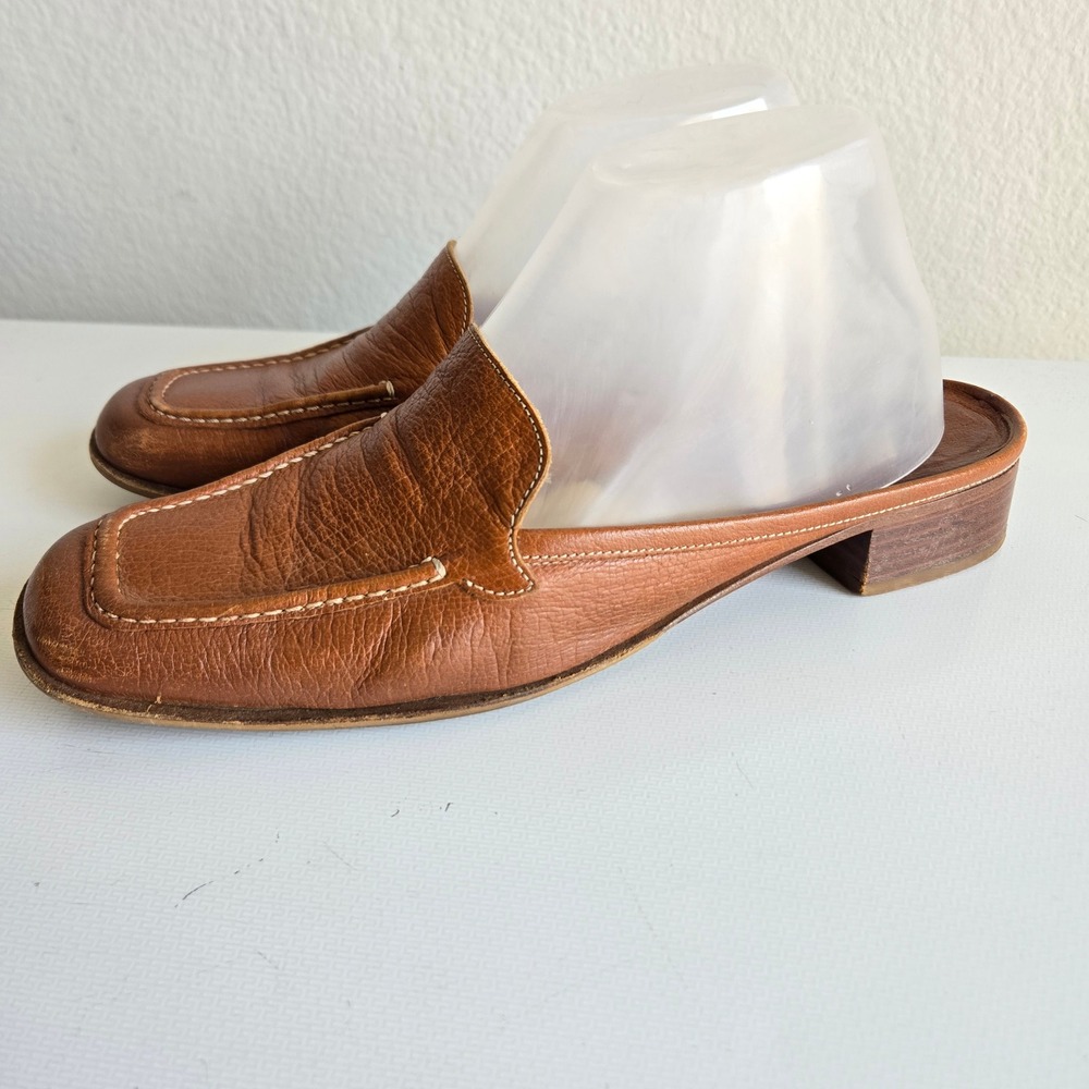Bruno Magli Womens Cognac Brown Leather Square Toe Mule Loafers Made Italy 8.5B